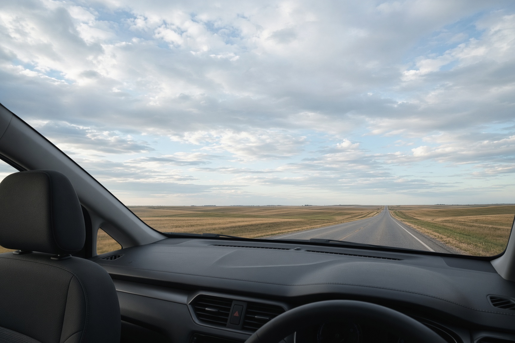 Quiet shuttle interior looking out onto a prairie highway